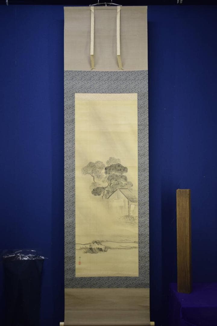 岡本豊彦/山水小屋図/雨中水辺図/布袋屋掛軸HJ-533｜岡本豊彦/