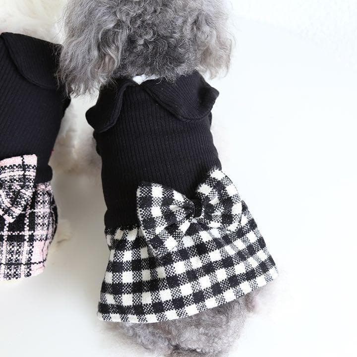 0271-1犬服ドッグウェアペット服温かいチェック柄ワンピースリボン