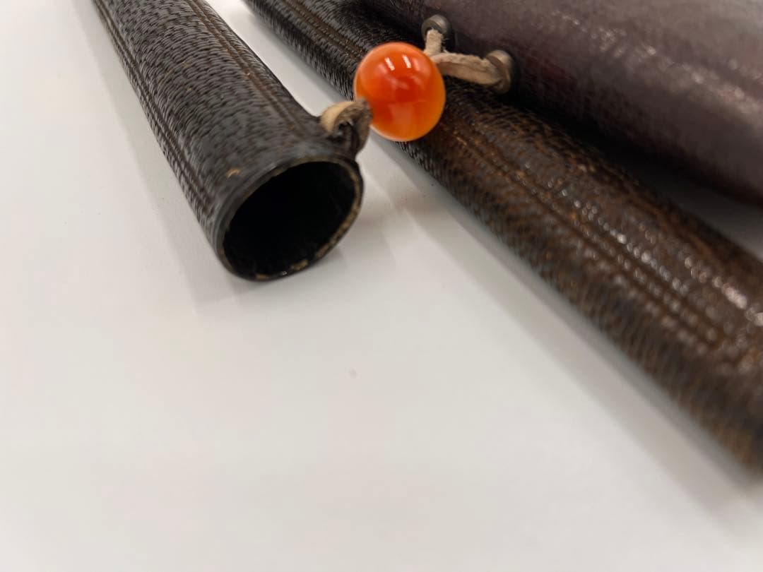 明治〜大正期 人物彫金刻印有 キセル一式 煙管 竹胴 皮袋・筒