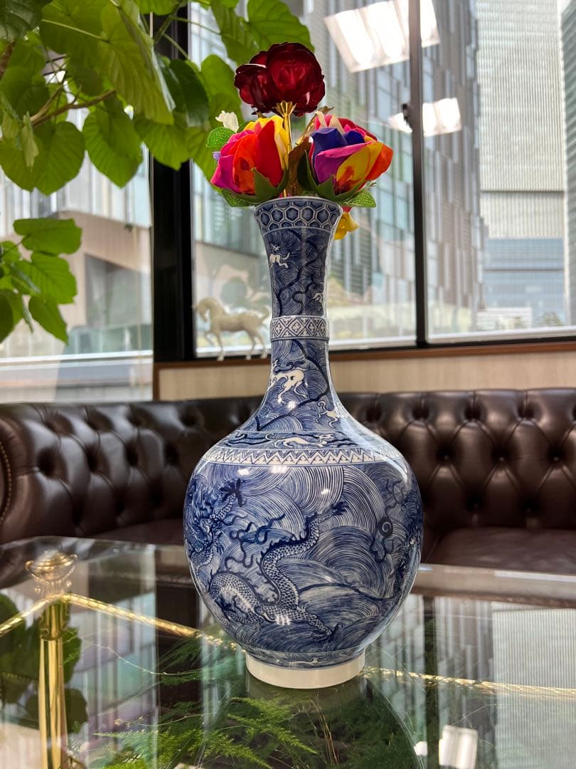 中国清雍正年製銘海水龍紋瓶官窯 唐物アンティーク古