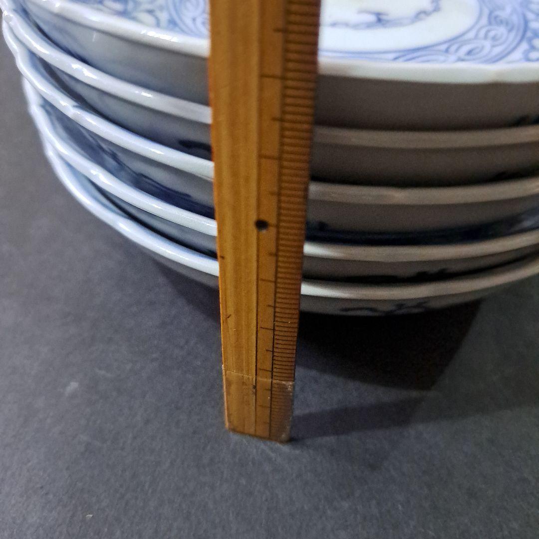 江戸中期　乾隆年　古伊万里　線画華唐草図　五寸皿　向付　膳皿　輪花　五客セット