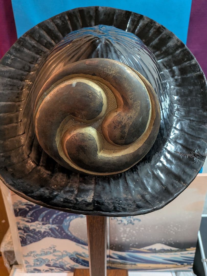 江戸時代中期〜後期頃黒漆塗り武家旧家蔵出し肥後熊本藩領陣笠前立て改良型当時物