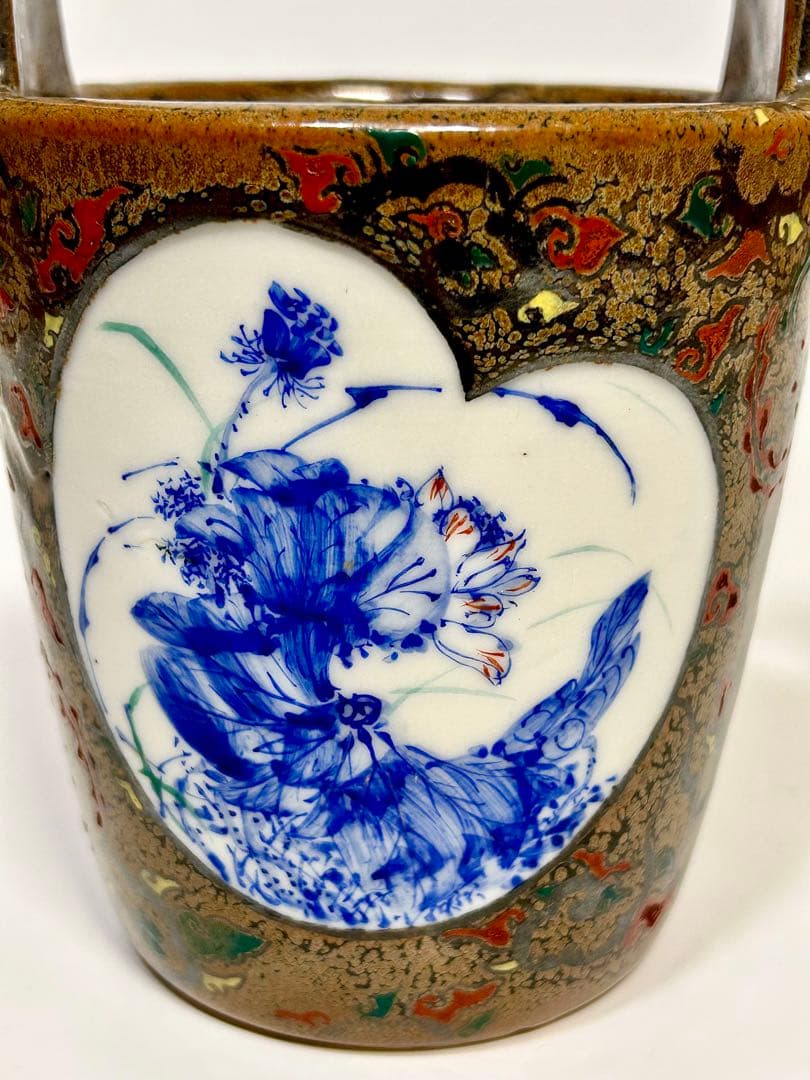 川本半助 明治瀬戸の名工 錆釉上絵手桶形花瓶 瀬戸焼の通販はau PAY