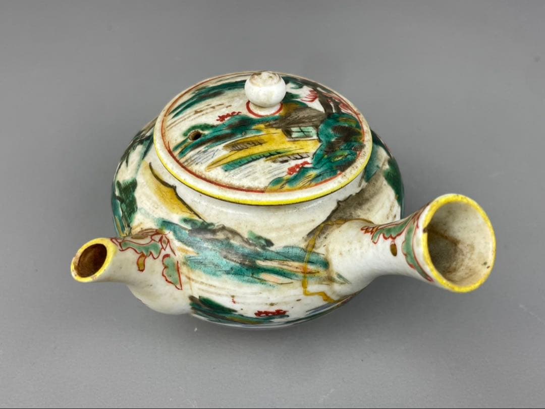 江戸期 古九谷 急須 湯呑み 3客 山水図 九谷焼 時代物 陶器 色絵