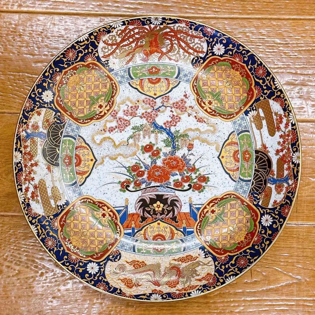 有田焼 静山作 金彩鶴絵柄 大皿 直径約46cm 特大 色絵皿 ゴールド