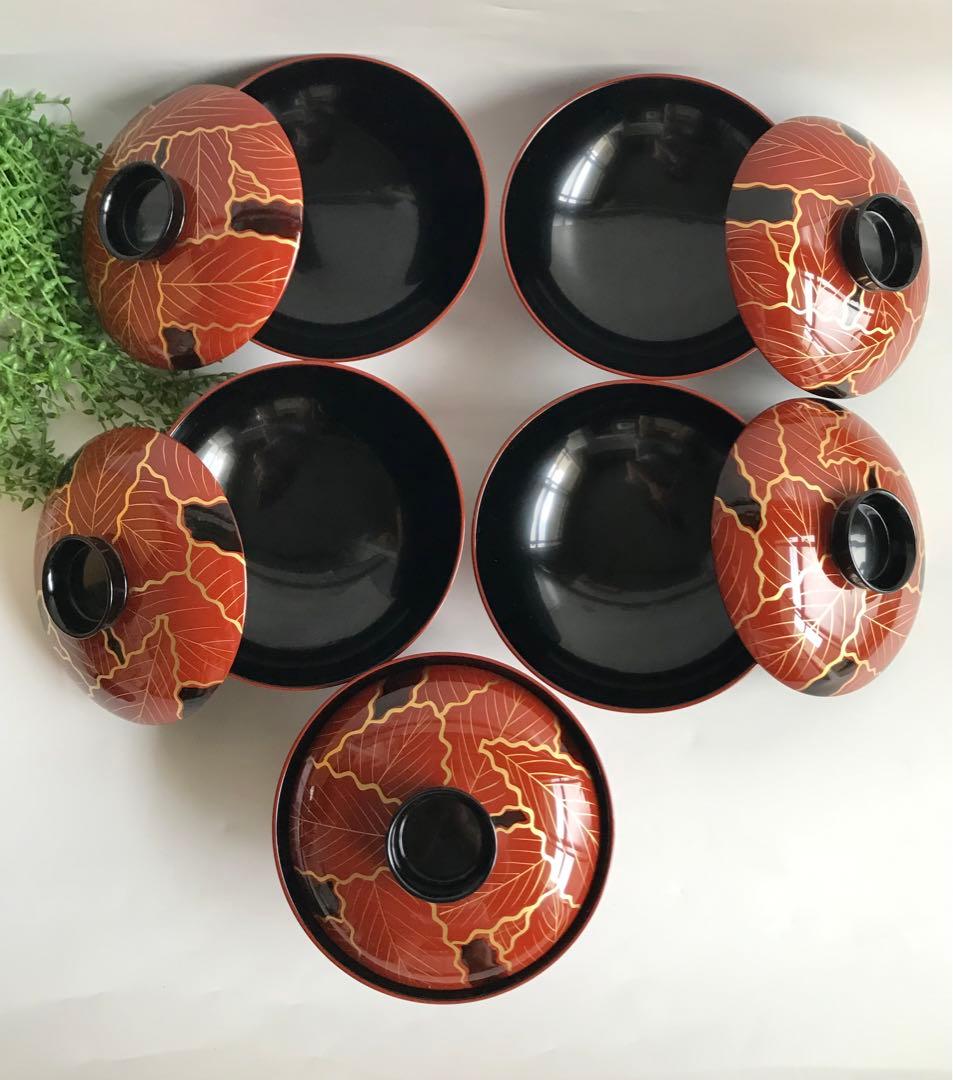 輪島塗　木製 柏葉尽蒔絵　縁起　大椀　5客