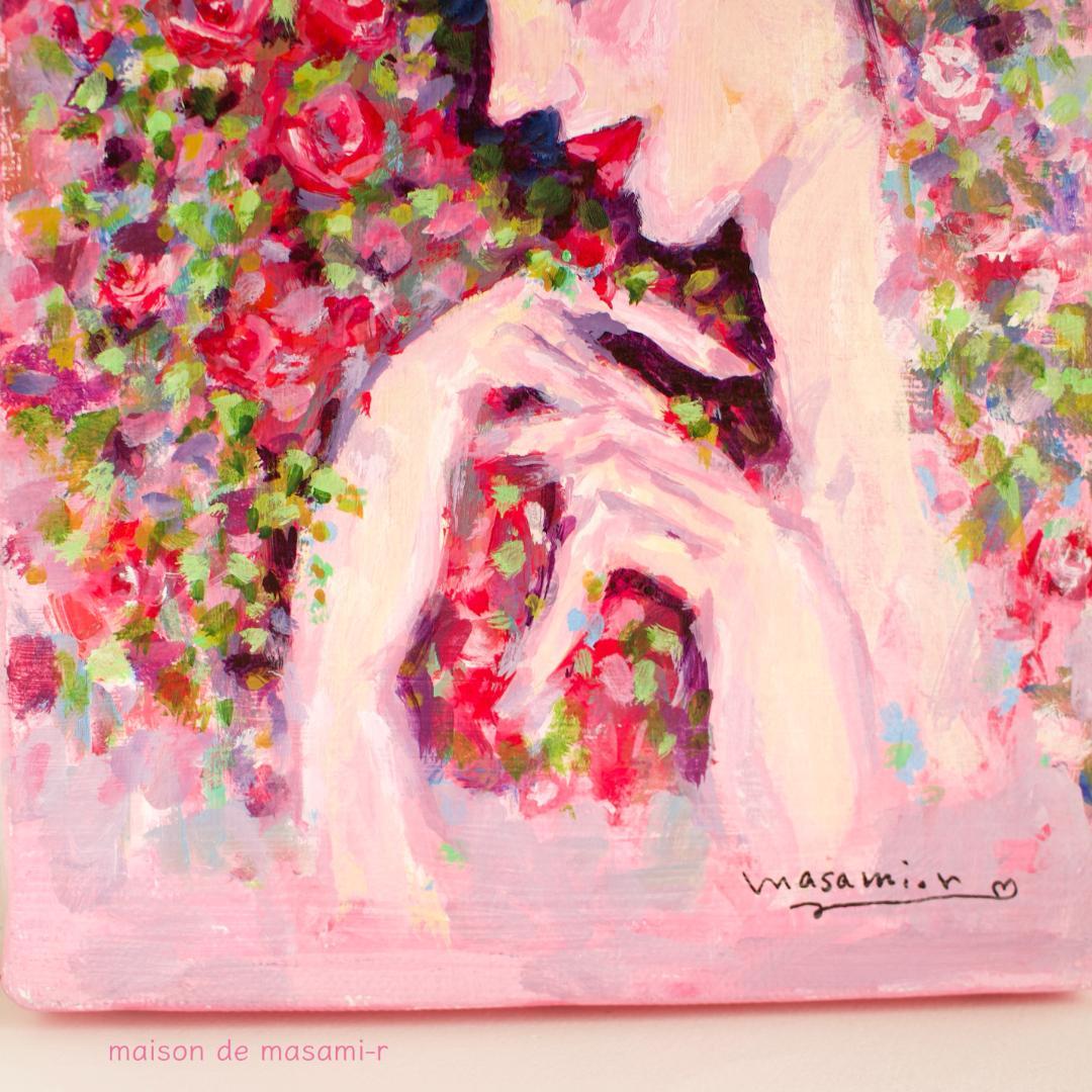 「薔薇と女性」 アクリル画 原画 SMキャンバス 額なし