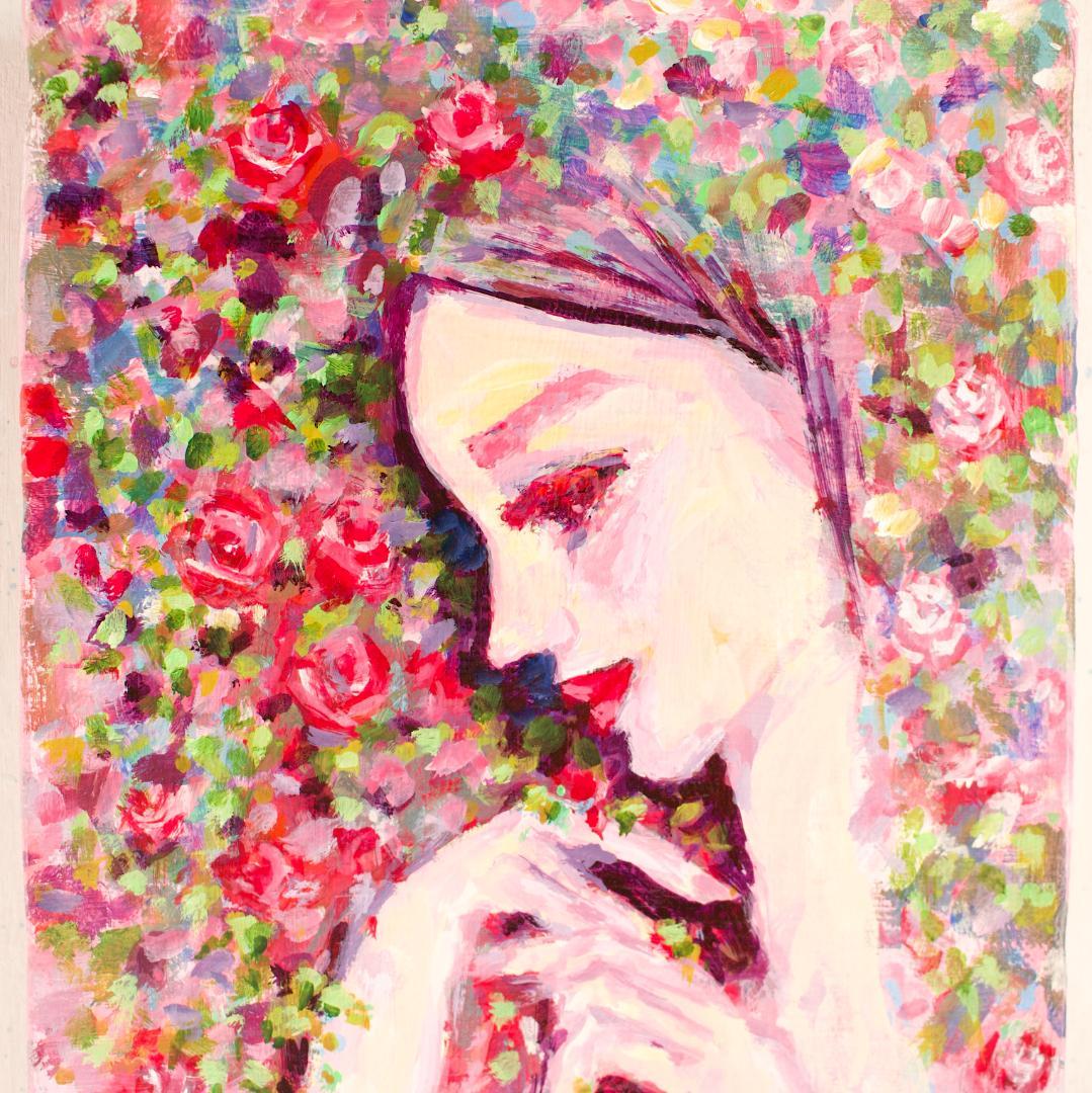 「薔薇と女性」 アクリル画 原画 SMキャンバス 額なし