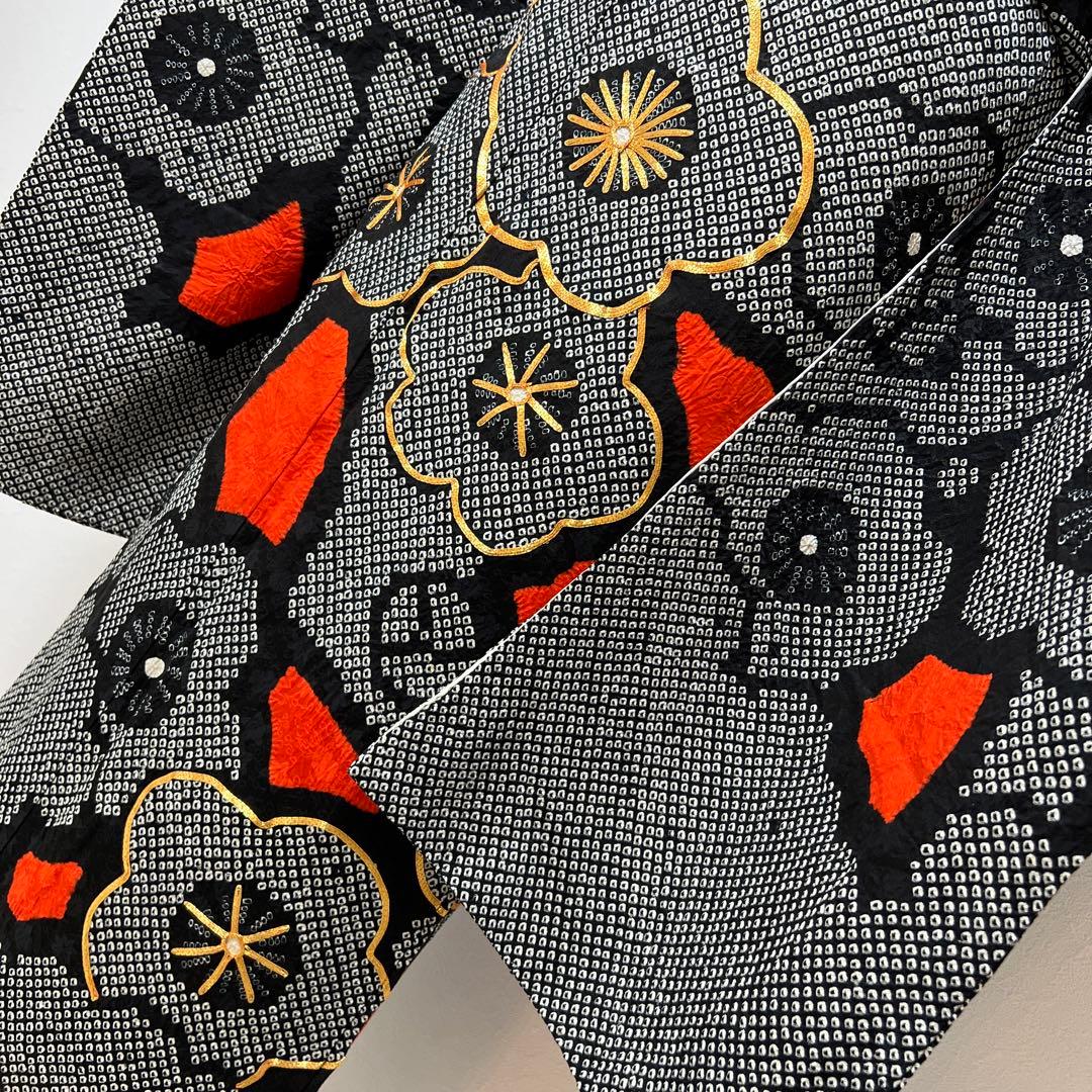 377 振袖フルセット 正絹 黒 朱赤 絞り ツートーン バイカラー 梅 駒