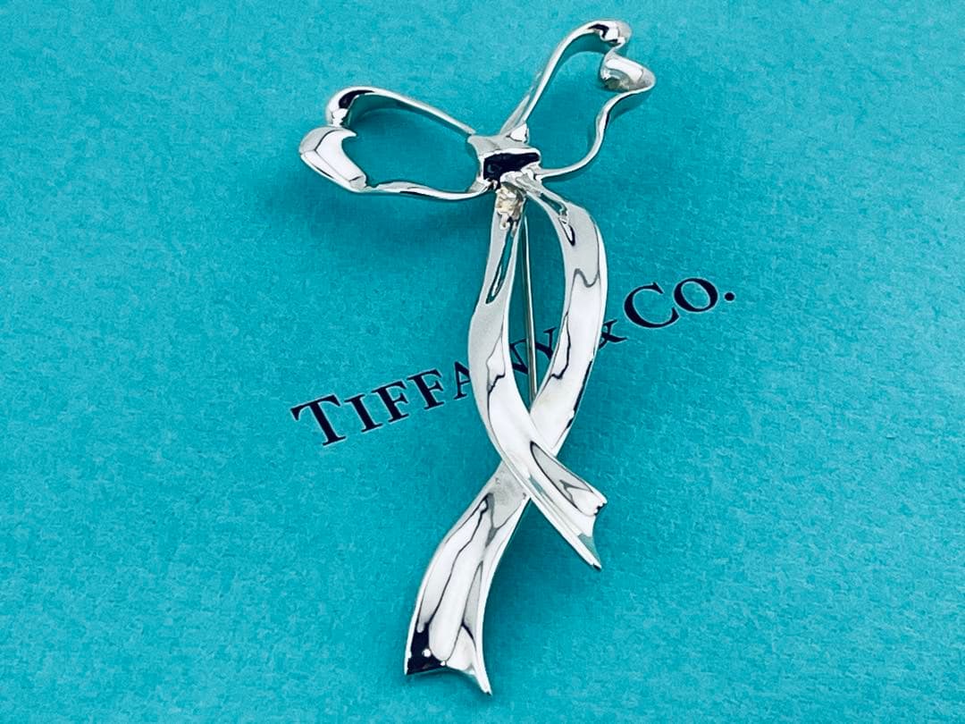 f049 美品 オールドティファニー リボンボウ ラージサイズ ブローチ