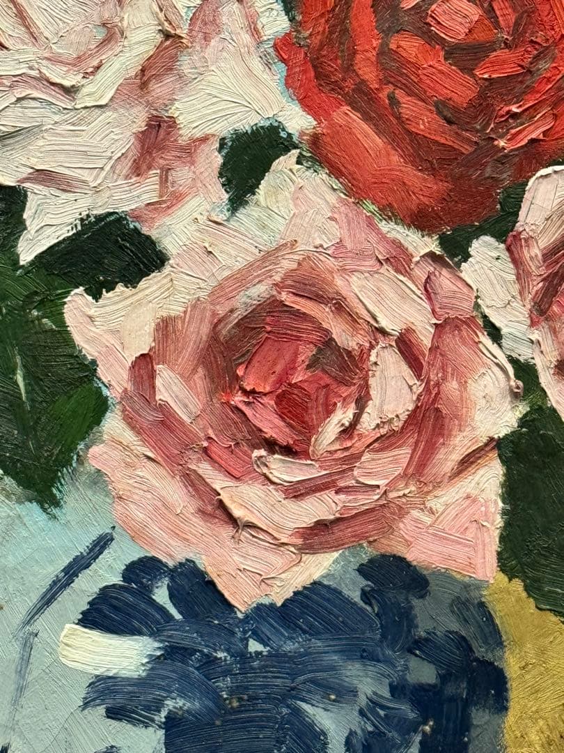 真作 関川富士郎 直筆サイン入 油彩 絵画 薔薇 アンティーク 飛行館画廊