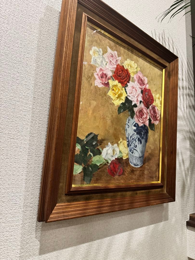 真作 関川富士郎 直筆サイン入 油彩 絵画 薔薇 アンティーク 飛行館画廊