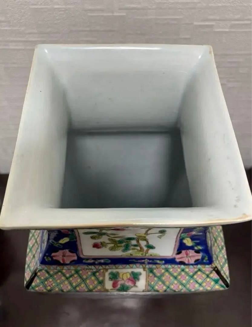 中国 清时代 粉彩 色絵 花鳥人物図 双耳四方瓶 古玩 古美術