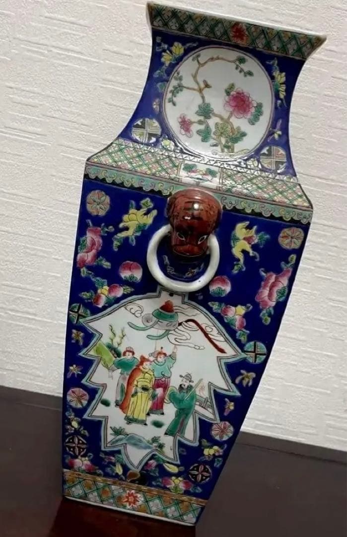 中国 清时代 粉彩 色絵 花鳥人物図 双耳四方瓶 古玩 古美術