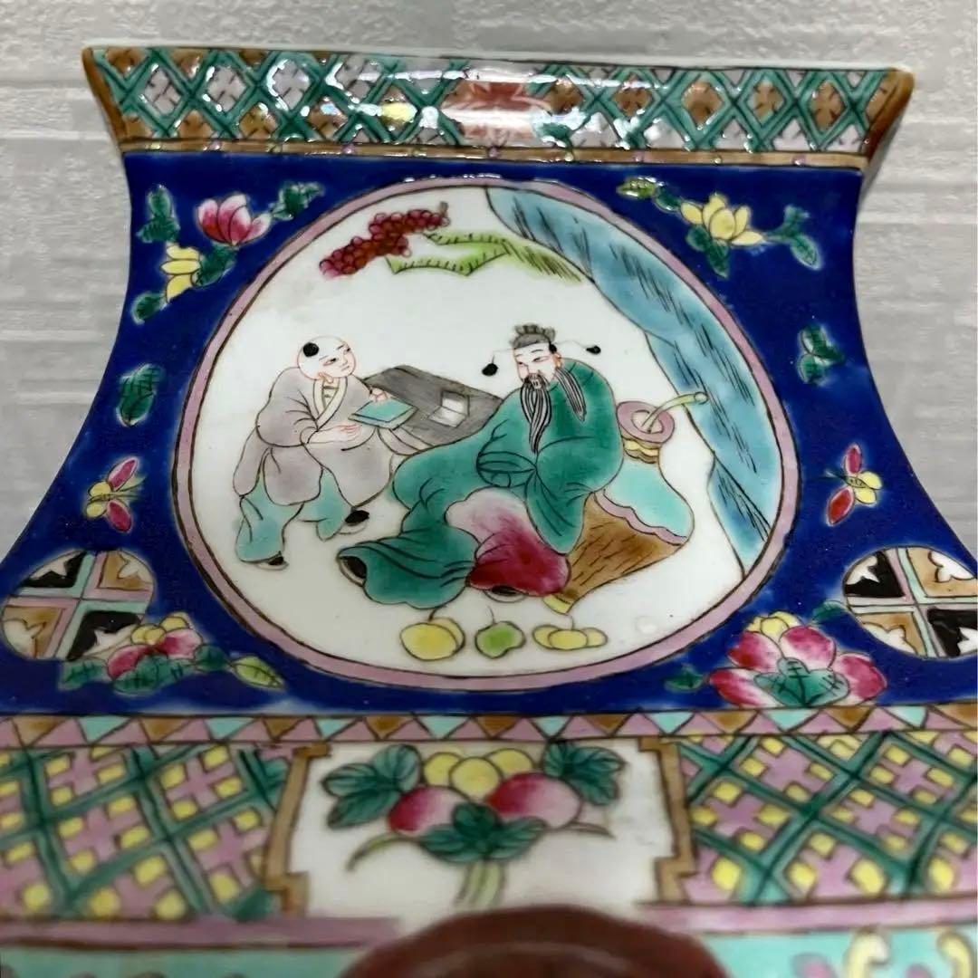 中国 清时代 粉彩 色絵 花鳥人物図 双耳四方瓶 古玩 古美術