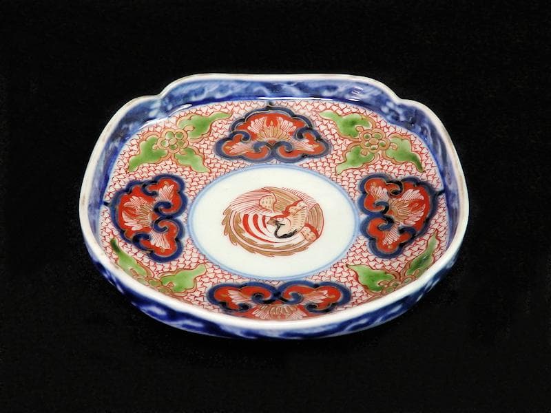 大聖寺伊万里 金襴手鳳凰に毘沙門亀甲紋の図 四方角皿 5枚