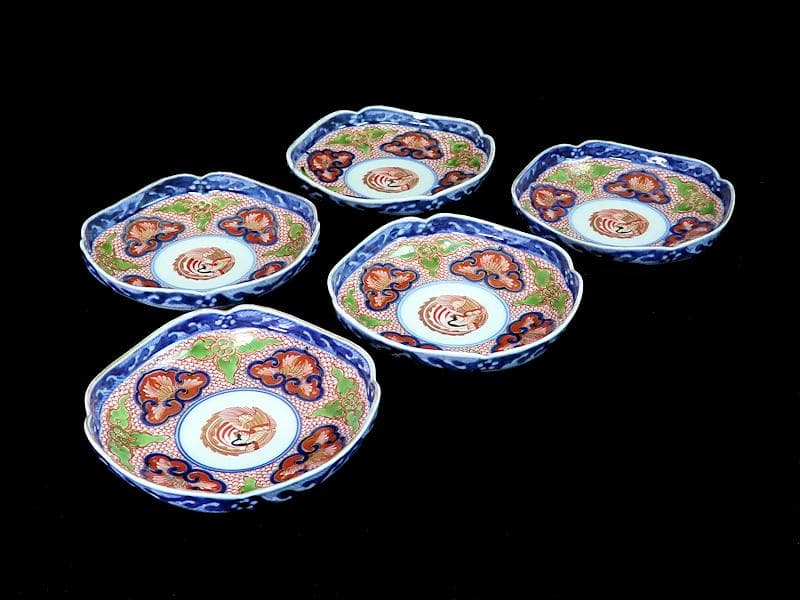 大聖寺伊万里 金襴手鳳凰に毘沙門亀甲紋の図 四方角皿 5枚B249AS-fbbg