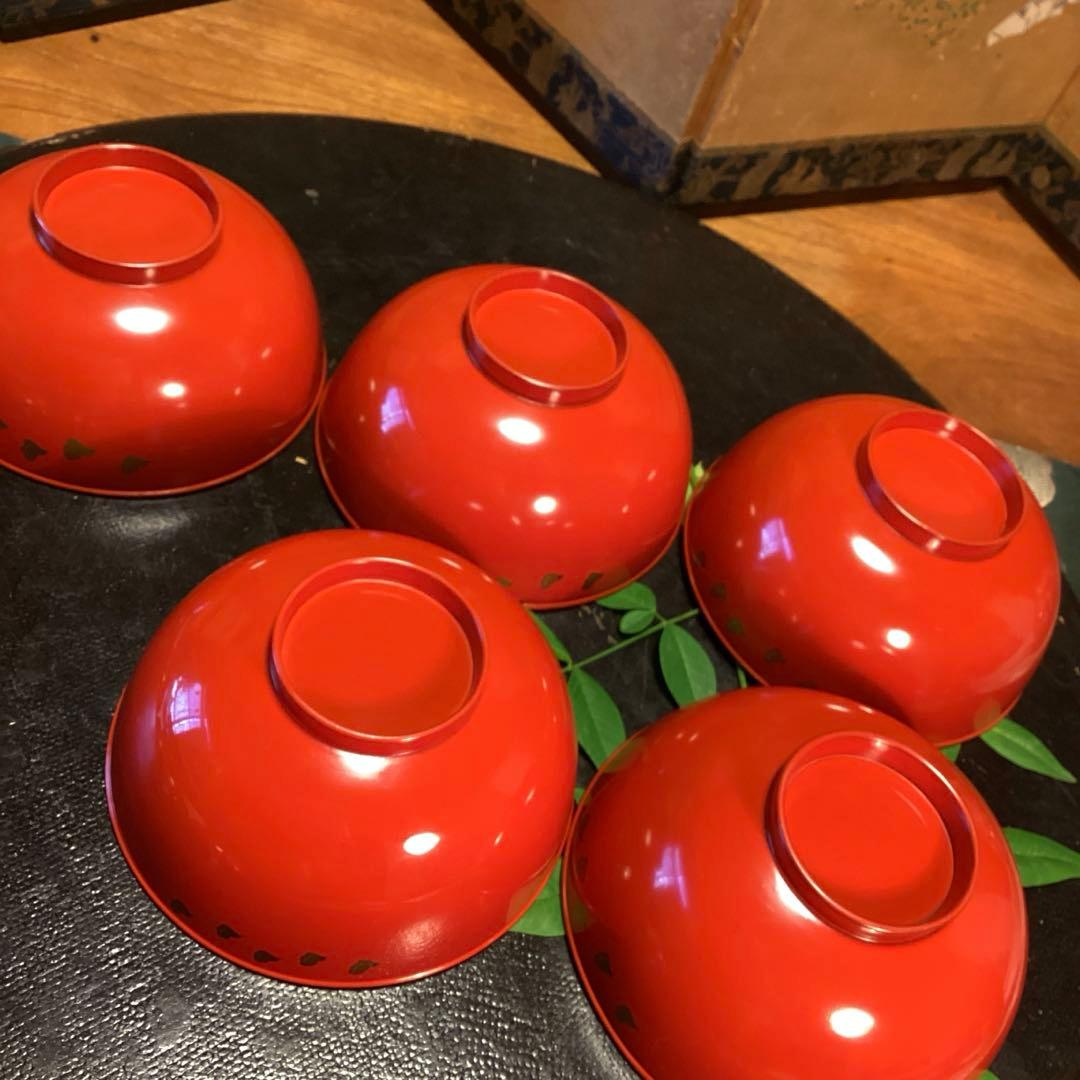 A902木製輪島塗 懐石道具 赤 古典風景蒔絵 『塗師銘仁左衛門』 5客