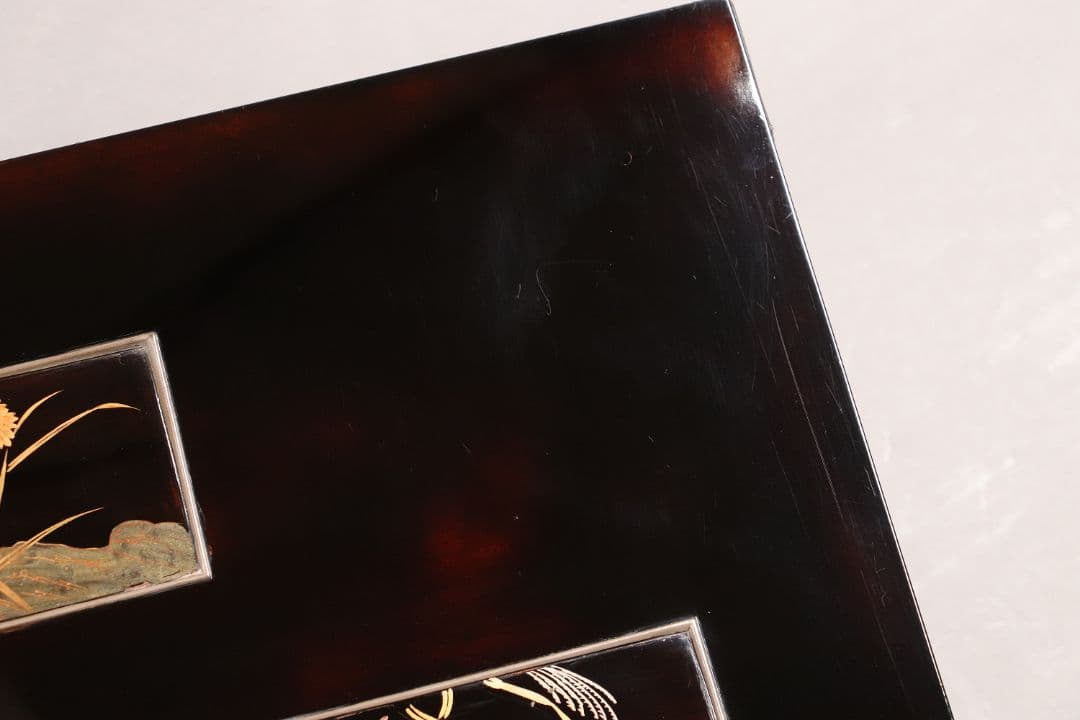 時代 花鳥図 金蒔絵 黒塗二段卓 冠卓 木箱 木製 花台 飾台 鶉 雀 M840