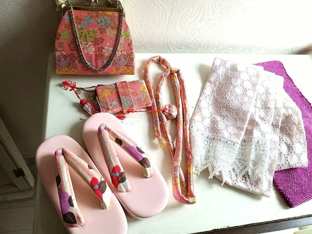 新品着物☆クリーム色大きな花模様☆作り帯フルセット