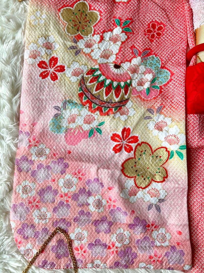 七五三 赤とピンクの花柄着物 作り帯 はこせこセット ７歳