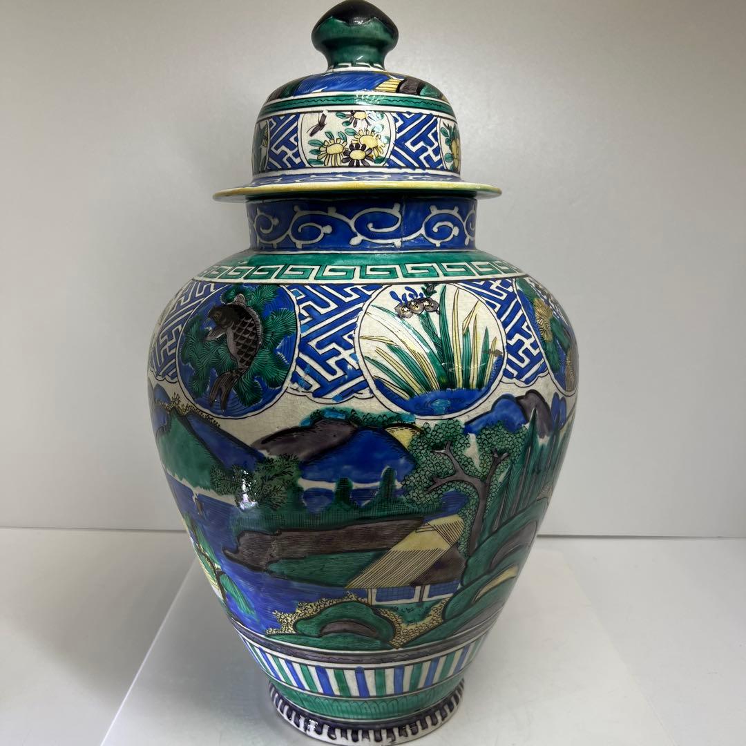 江戸後期　青九谷　特大沈香壷　木箱付　高さ約45㎝　東Y7-1209☆2Fタルサ