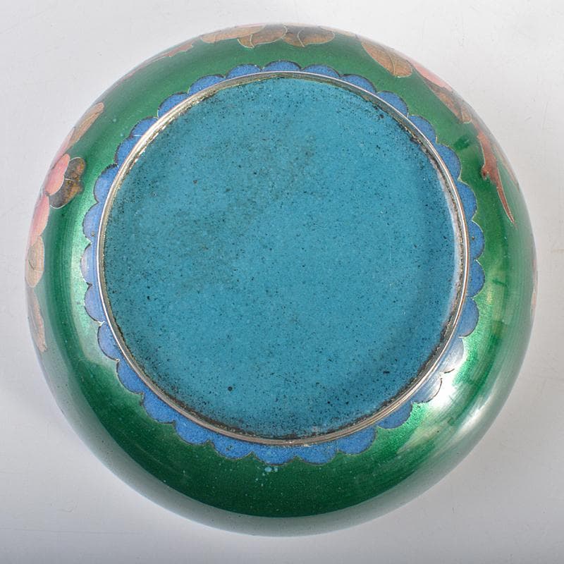 中国　古七宝　緑透釉　銀線象嵌　花蝶文　小鉢　唐木台付　M　R6842