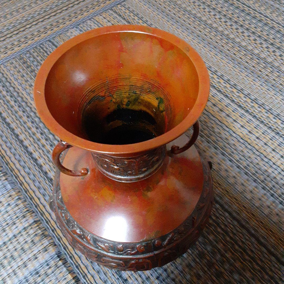 古い耳付高岡天龍銅器花瓶/茶華道活花飾/伝統工芸鋳物饕餮文様/吉祥赤銅龍泉堂在銘