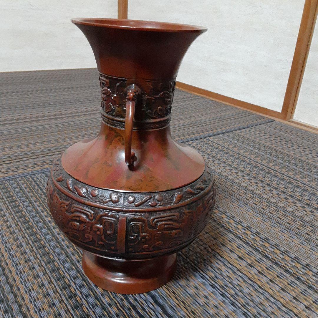 古い耳付高岡天龍銅器花瓶/茶華道活花飾/伝統工芸鋳物饕餮文様/吉祥赤銅龍泉堂在銘