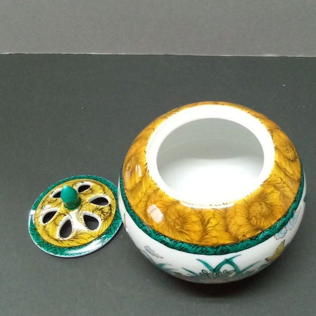 九谷焼 香炉 古九谷風花鳥 田中柚伎作 未使用