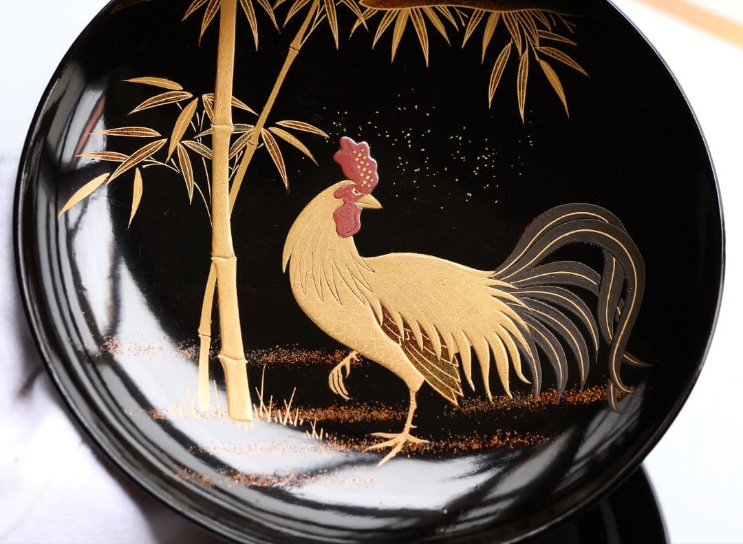 CM353】時代蒔絵椀 竹に鶏金蒔絵 平椀三客 木製 /(検) 輪島塗加賀能登