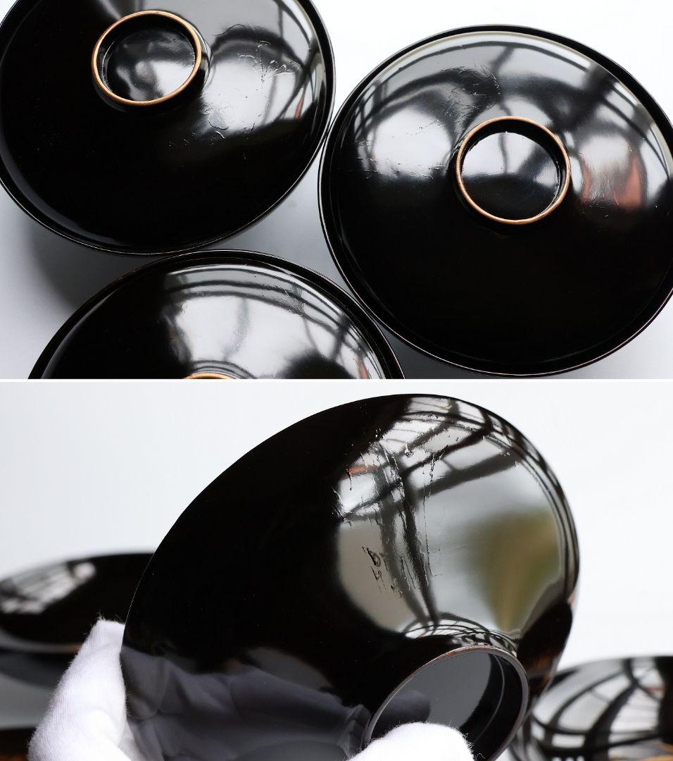 CM353】時代蒔絵椀 竹に鶏金蒔絵 平椀三客 木製 /(検) 輪島塗加賀能登