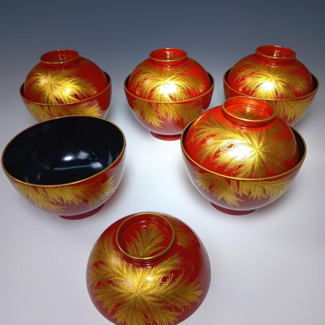 輪島塗　蒔絵沈金塗　吸物椀五客　共箱　 美品