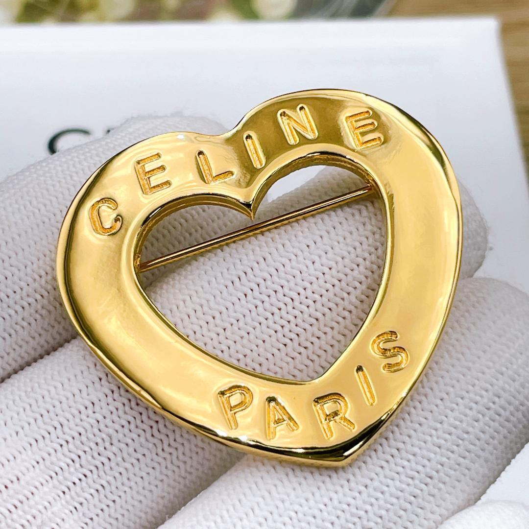 ◇セリーヌ◇新品仕上済 ハート ロゴ ブローチ ゴールド ヴィンテージ