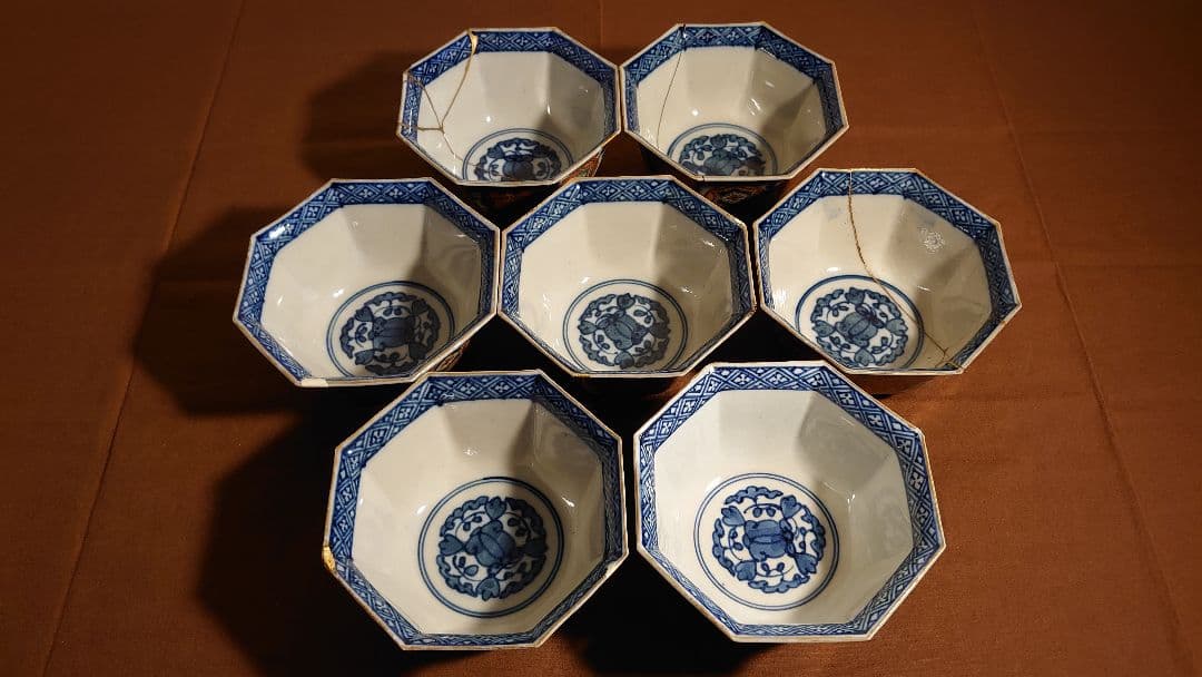 大聖寺伊万里　古伊万里　伊万里　六角鉢　色絵　金襴手　江戸期　７客