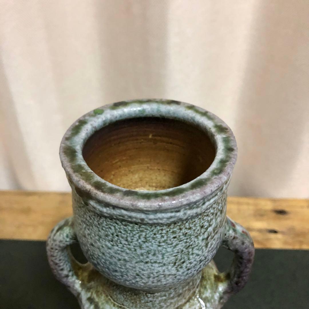 佐久知炎仙 秘色南蛮花器 茶道具 共箱 耳付花入