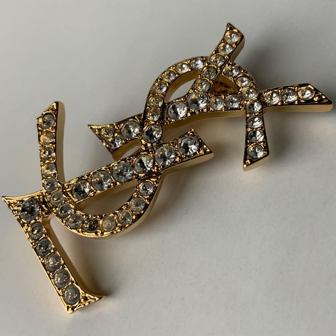 ◇イヴ・サンローラン YSLロゴ ラインストーン ブローチ ゴールド