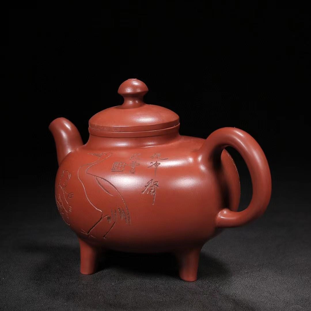 中国古美術・洪壽紫砂壺・原礦清水泥・顧景舟製壺紋・範曾(刻画)・紫泥