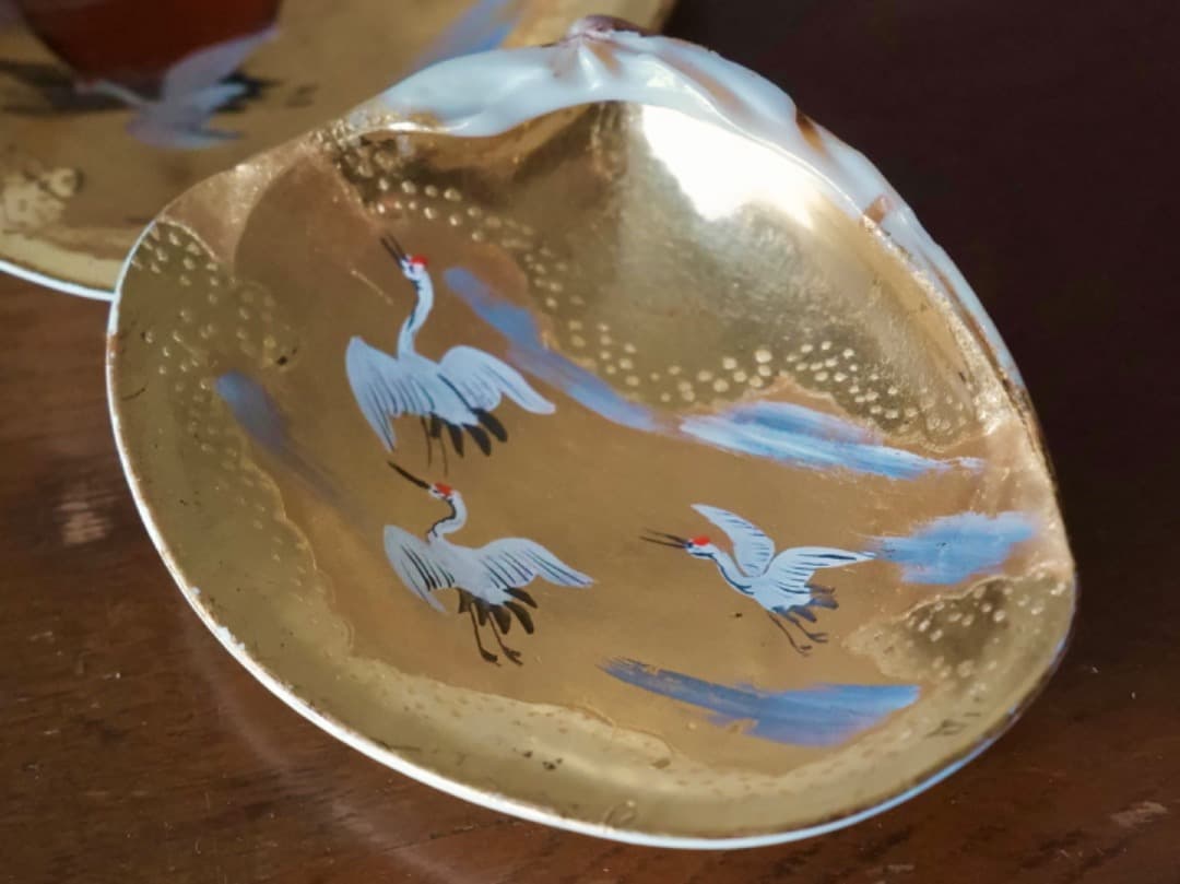 加陽 一瓢斎 源氏貝合せ 鶴色絵 蛤香合 茶道具 香道具 箱付