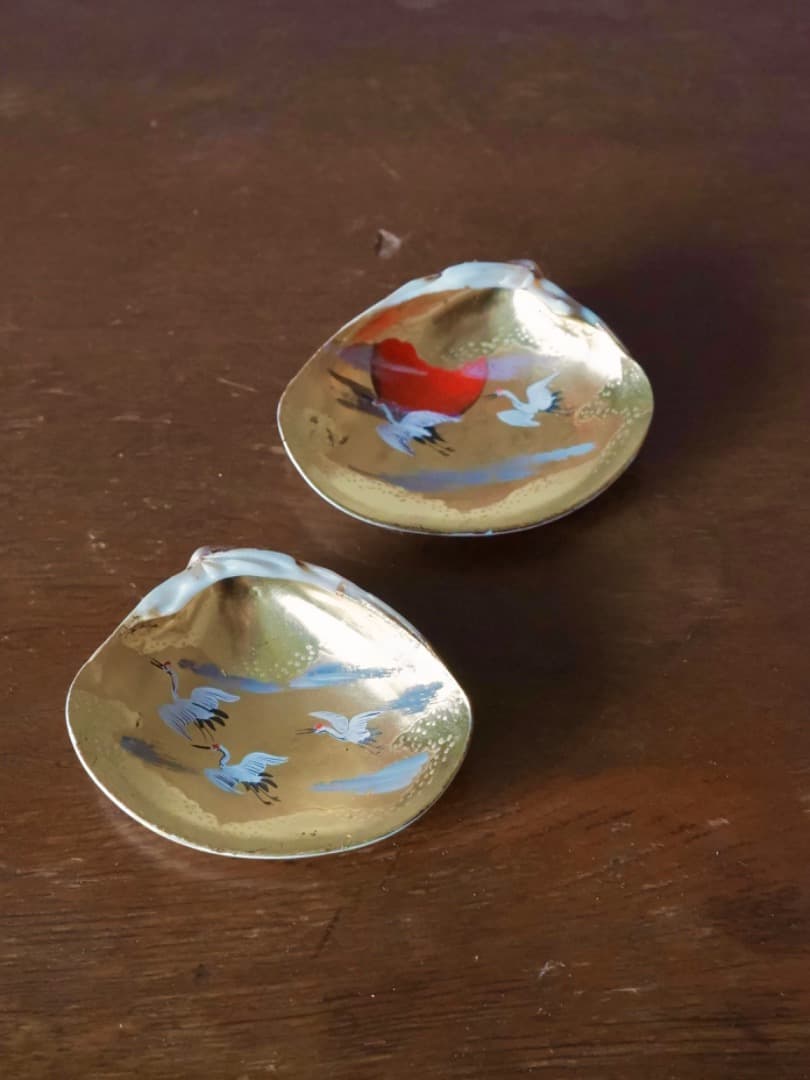 加陽 一瓢斎 源氏貝合せ 鶴色絵 蛤香合 茶道具 香道具 箱付