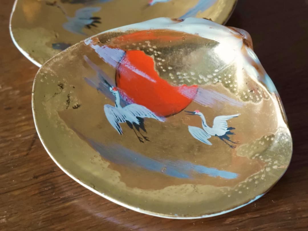 加陽 一瓢斎 源氏貝合せ 鶴色絵 蛤香合 茶道具 香道具 箱付 Q2257 贈答