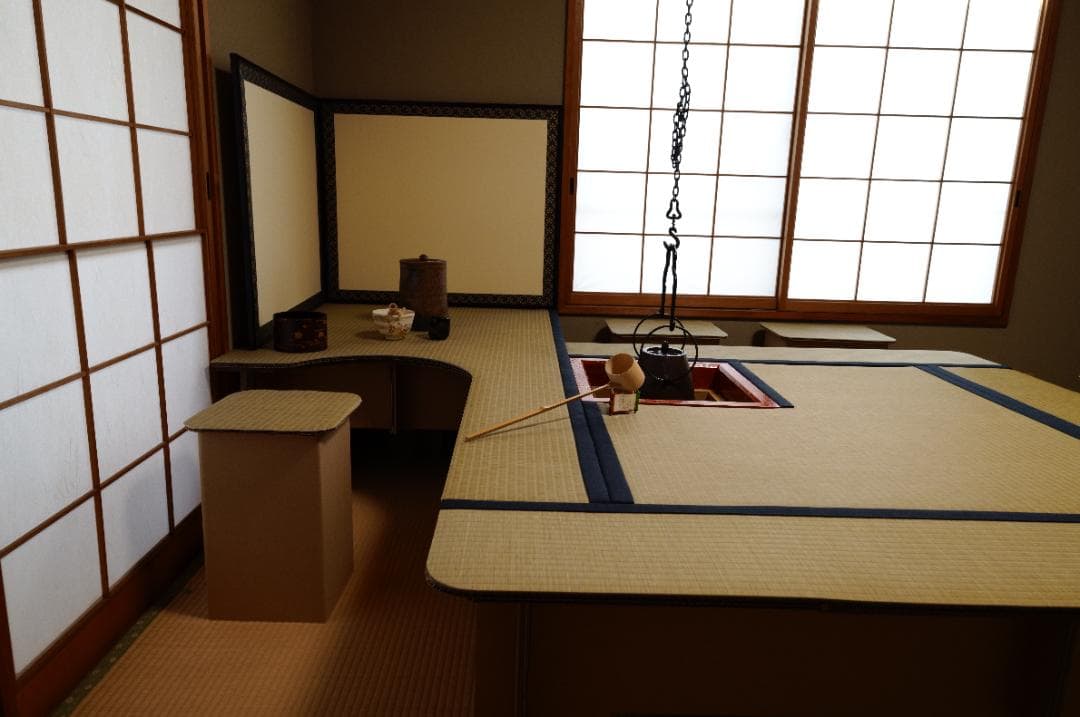 組み立て式 立礼棚（有圓卓）段ボールタイプ 炉/風炉畳2種付属、茶会