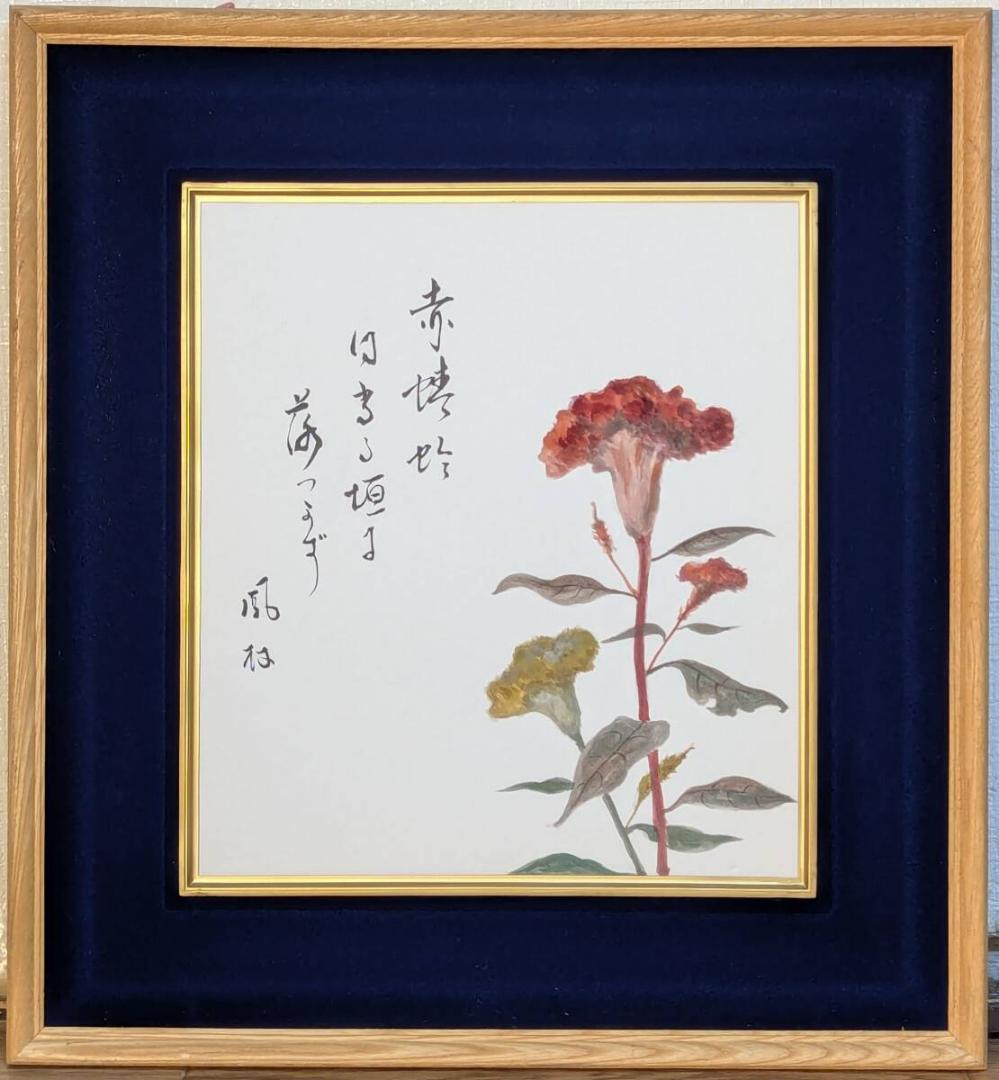 真作】絵画 日本画（色紙） 鶏頭図 風雅な書画 秋の彩り Z54 - メルカリ