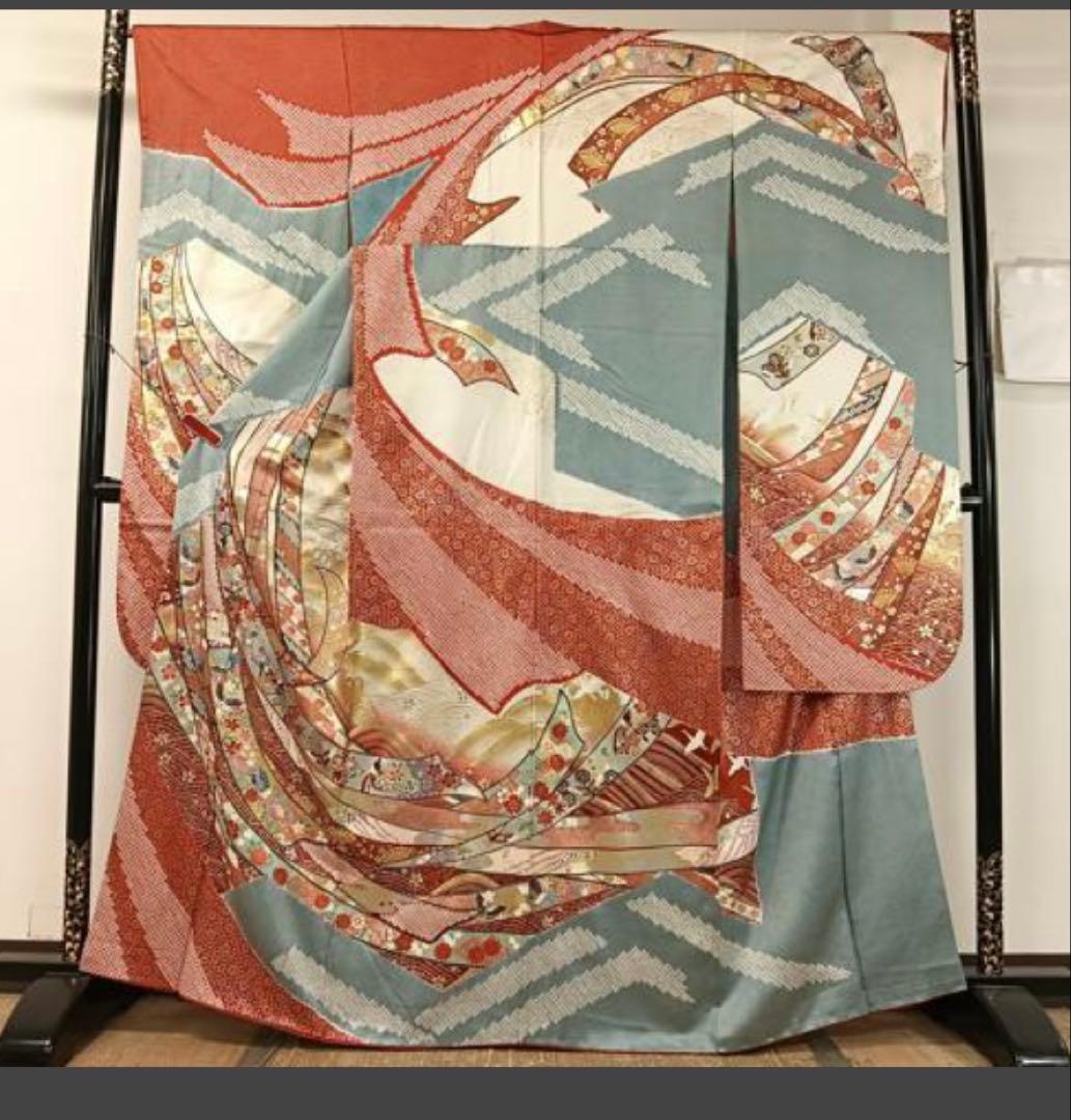 振袖 フルセット6点サイズM〜L絞り 熨斗吉祥花鳥蝶文 金銀
