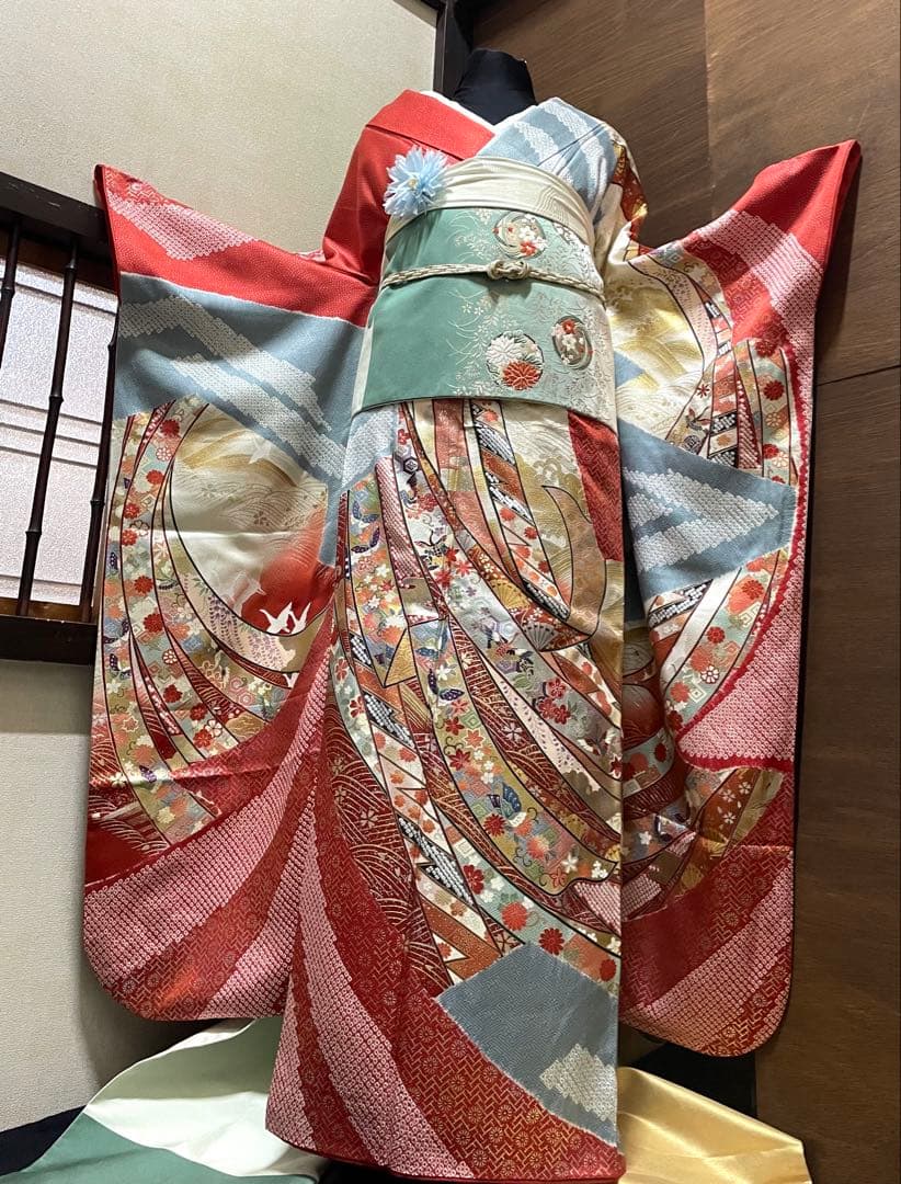 振袖 フルセット6点サイズM〜L絞り 熨斗吉祥花鳥蝶文 金銀