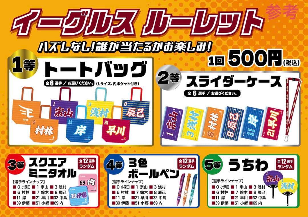 限定】宗山塁 イーグルスルーレット1等 トートバッグ
