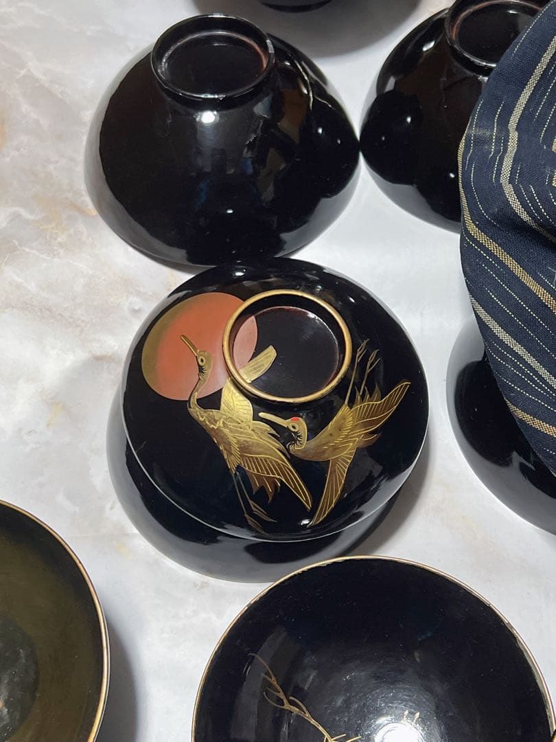 アンティーク　明治時代 鶴　金蒔絵　細工 漆器 吸物　吸物椀 蒔絵　希少　10客