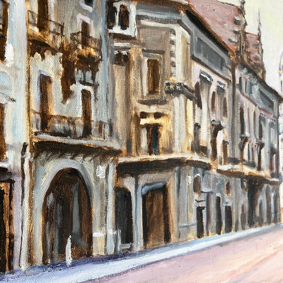 ヨーロッパの街角-F10 油彩 キャンバス 額装作者不明・希少 ヨーロッパ
