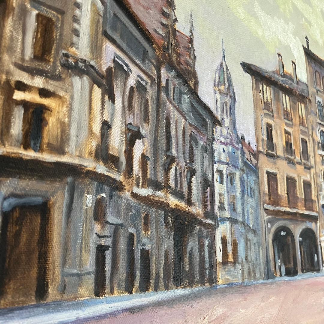 ヨーロッパの街角-F10 油彩 キャンバス 額装 作者不明・希少