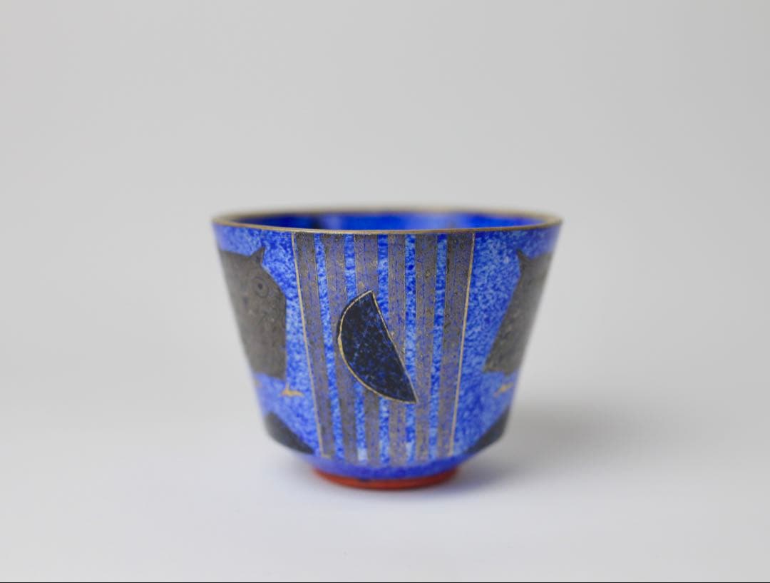陶芸家 前田正博 ぐい呑 色絵 フクロウ 梟 酒器 酒盃 共箱 陶芸家 前田